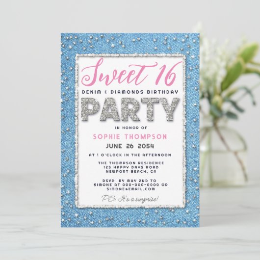 Denim Diamond Glitter Lijst Sweet 16 Party Pink Kaart (Staand voorkant)