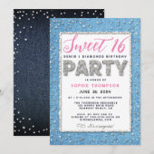Denim Diamond Glitter Lijst Sweet 16 Party Pink Kaart (Voorkant / Achterkant)