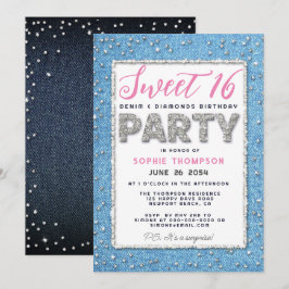 Denim Diamond Glitter Lijst Sweet 16 Party Pink Kaart