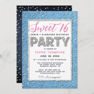 Denim Diamond Glitter Lijst Sweet 16 Party Pink Kaart