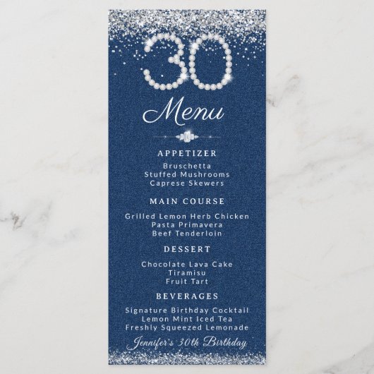 Denim & Diamonds 30th Birthday Dinner Flat Menu (Voorkant)