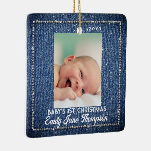 Denim Diamonds Baby Eerste Kerstmis Rhinestones Keramisch Ornament (Rechts)
