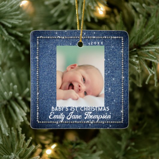 Denim Diamonds Baby Eerste Kerstmis Rhinestones Keramisch Ornament (Boom)