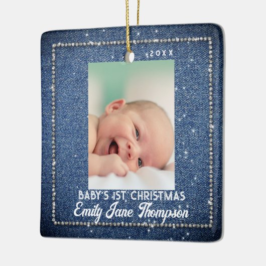 Denim Diamonds Baby Eerste Kerstmis Rhinestones Keramisch Ornament (Links)