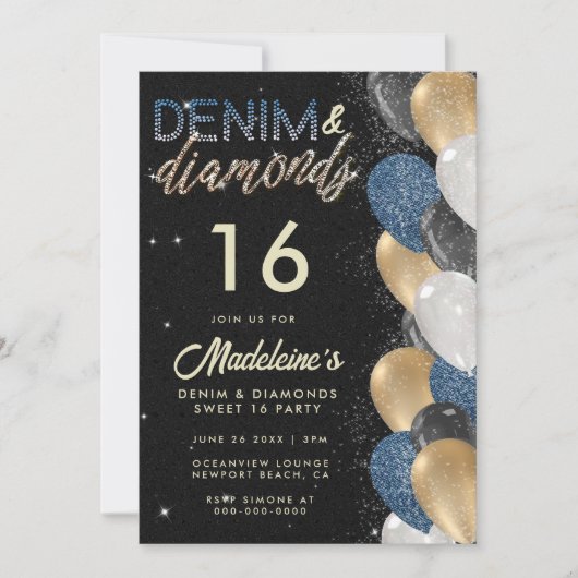 Denim Diamonds Ballonnen Arch Sweet 16 Verjaardag Kaart (Voorkant)