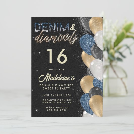 Denim Diamonds Ballonnen Arch Sweet 16 Verjaardag Kaart (Staand voorkant)