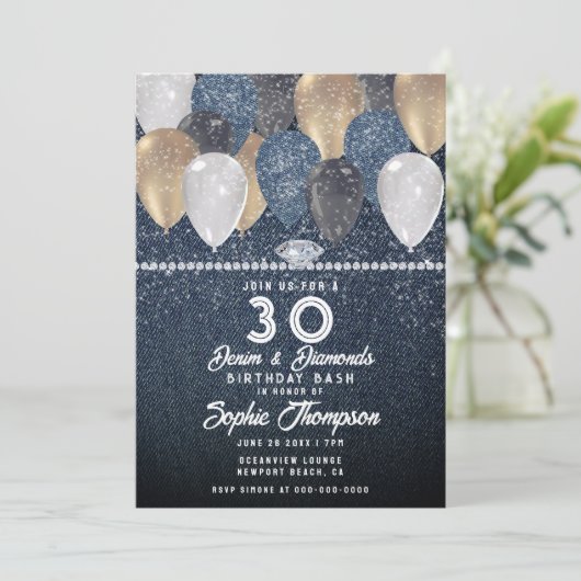 Denim Diamonds Balloon Sparkle 30th Birthday Party Kaart (Staand voorkant)