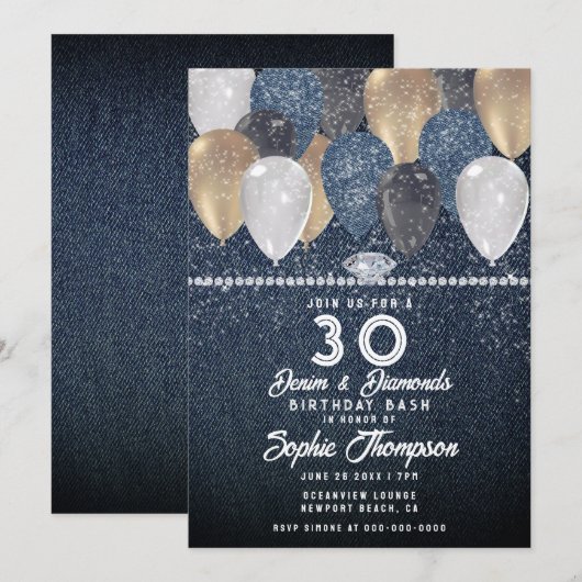 Denim Diamonds Balloon Sparkle 30th Birthday Party Kaart (Voorkant / Achterkant)