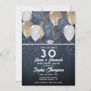 Denim Diamonds Balloon Sparkle 30th Birthday Party Kaart