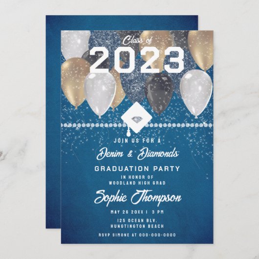 Denim Diamonds Balloons Blue Chic Graduparty Kaart (Voorkant / Achterkant)