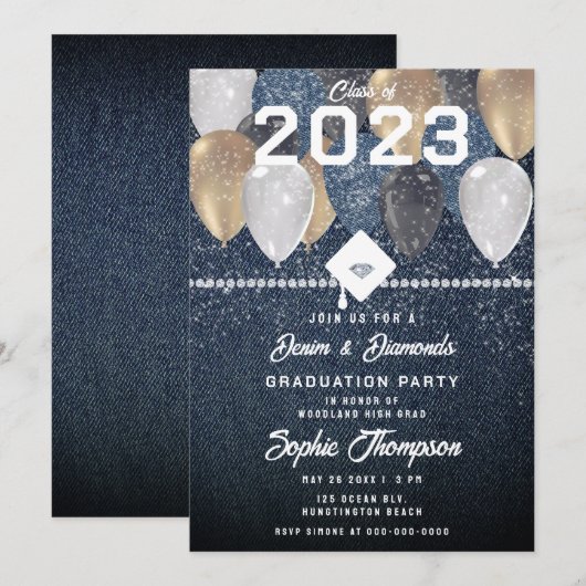 Denim Diamonds Balloons Sparkles Graduparty Kaart (Voorkant / Achterkant)