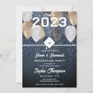 Denim Diamonds Balloons Sparkles Graduparty Kaart
