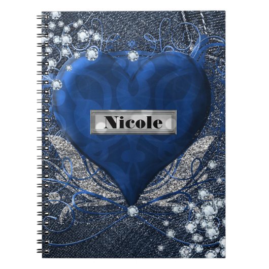 Denim & Diamonds Blauw Hart Aangepast Gepersonalis Notitieboek (Voorkant)