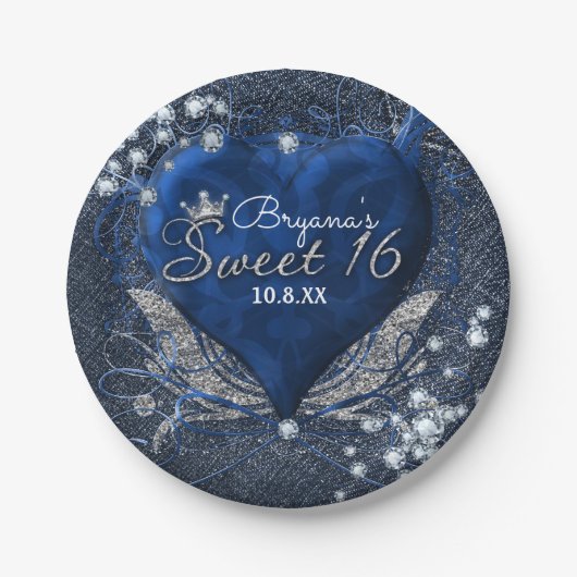 Denim & Diamonds Blauw Hart Sweet 16 Party Papieren Bordje (Voorkant)