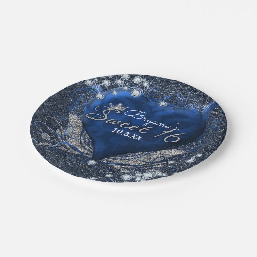Denim & Diamonds Blauw Hart Sweet 16 Party Papieren Bordje (Gekanteld)
