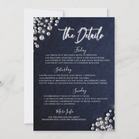 Denim Diamonds Blauw Wit Bachelorette Route Kaart (Achterkant)