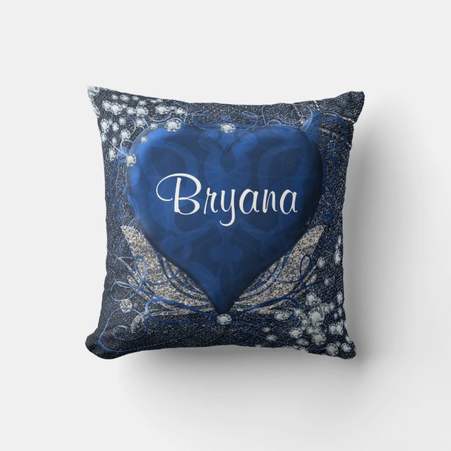 Denim & Diamonds Blauwe Hart Persoonlijke Glamour Kussen (Voorkant)