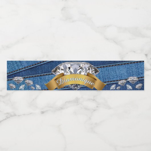 Denim & Diamonds| Blauwe Jean & Banner Diamant Waterfles Etiket (Enkel label)
