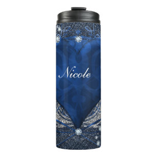 Denim & Diamonds Blauwe Sierlijke Glam Harten Thermosbeker