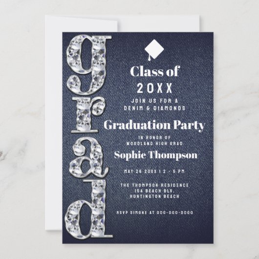 Denim Diamonds Bling 2023 Chic Graduation Party Kaart (Voorkant)