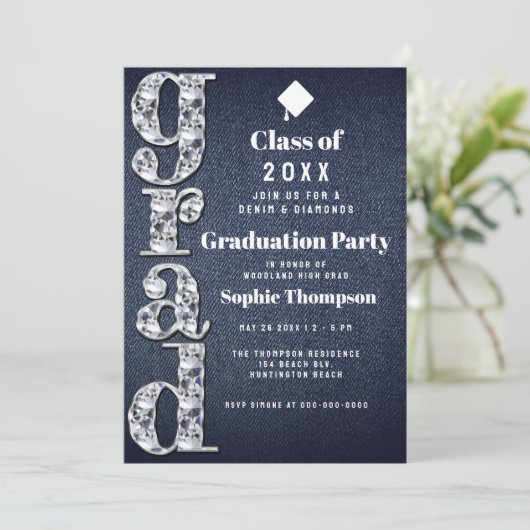 Denim Diamonds Bling 2023 Chic Graduation Party Kaart (Staand voorkant)