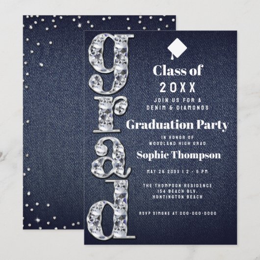 Denim Diamonds Bling 2023 Chic Graduation Party Kaart (Voorkant / Achterkant)