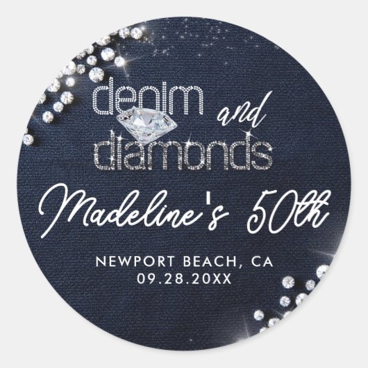 Denim Diamonds Bling Classy Elegant Party Custom Ronde Sticker (Voorkant)