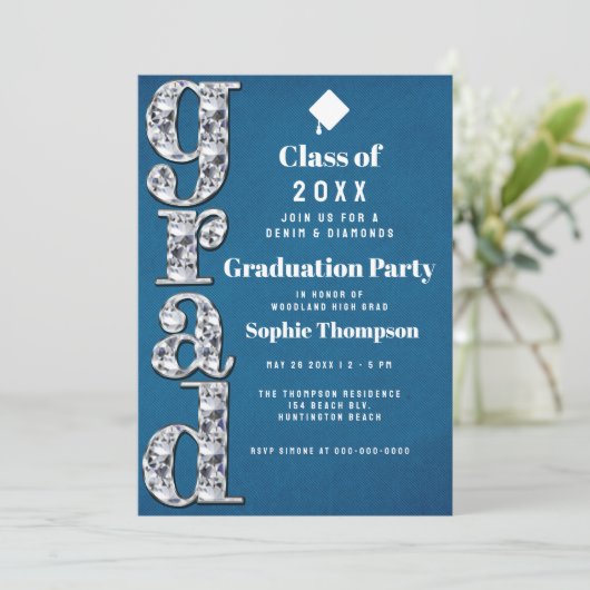 Denim Diamonds Bling Elegant Graduation Party Kaart (Staand voorkant)