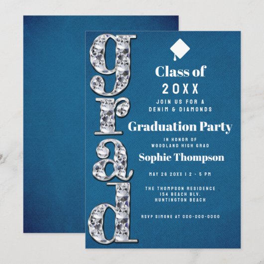 Denim Diamonds Bling Elegant Graduation Party Kaart (Voorkant / Achterkant)