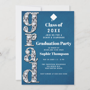 Denim Diamonds Bling Elegant Graduation Party Kaart