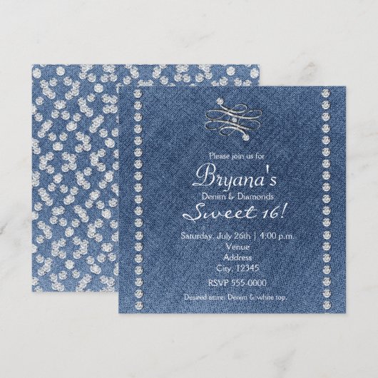 Denim Diamonds Bling Embleem Sweet 16 Uitnodiging (Voorkant / Achterkant)