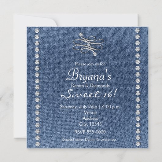 Denim Diamonds Bling Embleem Sweet 16 Uitnodiging (Voorkant)
