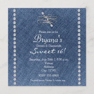 Denim Diamonds Bling Embleem Sweet 16 Uitnodiging