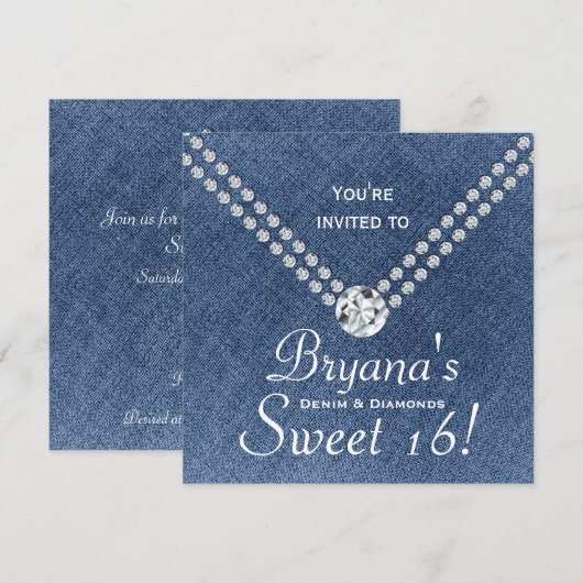 Denim Diamonds Bling Envelop Sweet 16 Uitnodiging (Voorkant / Achterkant)