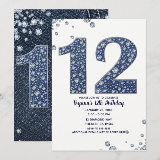 Denim & Diamonds Bling Glitter 12e 12 Verjaardag Kaart (Voorkant / Achterkant)