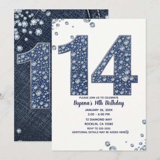 Denim & Diamonds Bling Glitter 14e 14 Verjaardag Kaart (Voorkant / Achterkant)