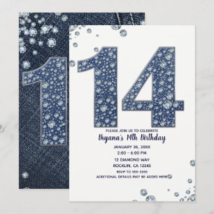 Denim & Diamonds Bling Glitter 14e 14 Verjaardag Kaart