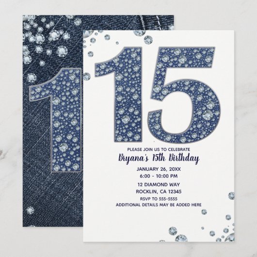 Denim & Diamonds Bling Glitter 15DE 15e Verjaardag Kaart (Voorkant / Achterkant)