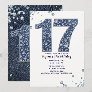 Denim & Diamonds Bling Glitter 17DE 17 Verjaardag Kaart