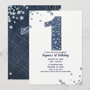 Denim & Diamonds Bling Glitter 1e Verjaardag 1 EEN Kaart