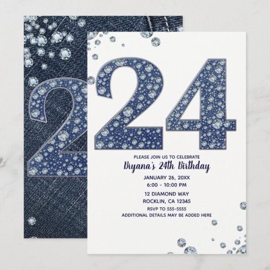Denim & Diamonds Bling Glitter 24 24ste Verjaardag Kaart (Voorkant / Achterkant)
