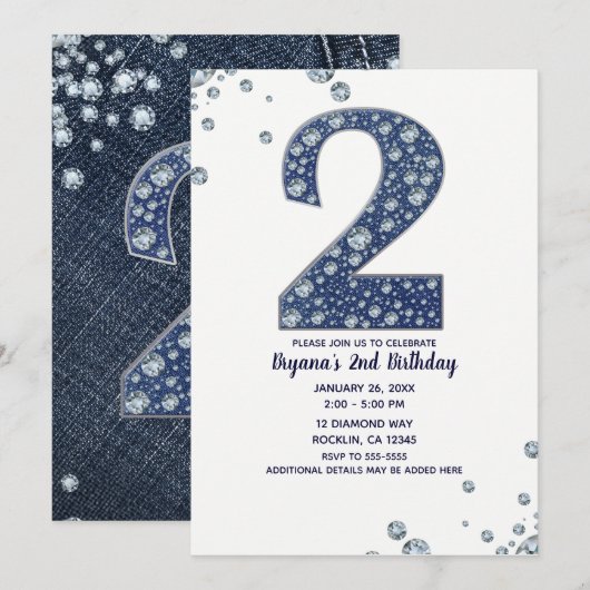 Denim & Diamonds Bling Glitter 2DE Verjaardag 2 TW Kaart (Voorkant / Achterkant)
