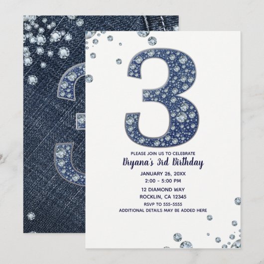 Denim & Diamonds Bling Glitter 3de 3 Verjaardag Kaart (Voorkant / Achterkant)