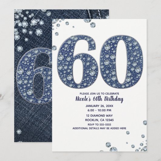 Denim & Diamonds Bling Glitter 60TH 60 Verjaardag Kaart (Voorkant / Achterkant)