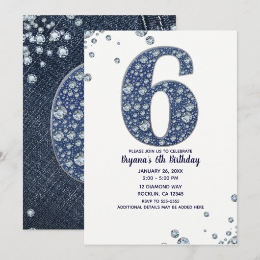 Denim & Diamonds Bling Glitter 6de 6 Verjaardag Kaart (Voorkant / Achterkant)