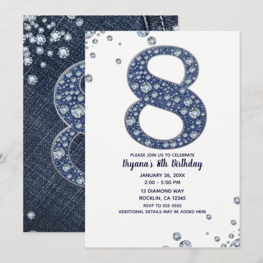 Denim & Diamonds Bling Glitter 8e 8 Verjaardag Kaart (Voorkant / Achterkant)