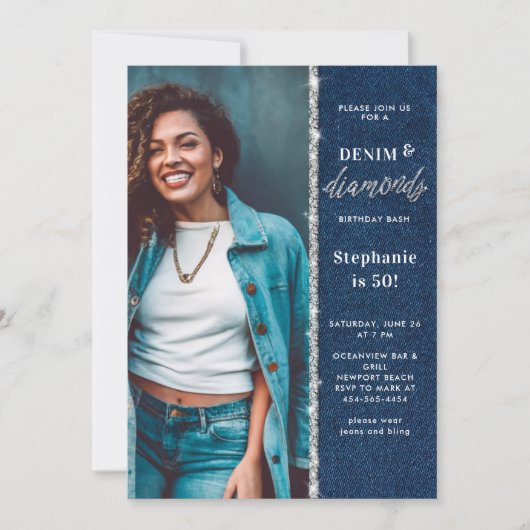 Denim Diamonds Bling Glitter Foto 50e verjaardag Kaart (Voorkant)