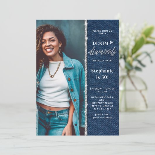 Denim Diamonds Bling Glitter Foto 50e verjaardag Kaart (Staand voorkant)