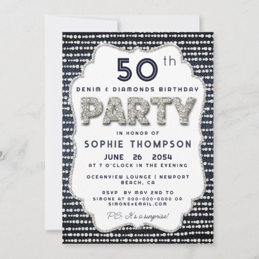 Denim Diamonds Bling Glitter Lijst Birthday Party Kaart (Voorkant)