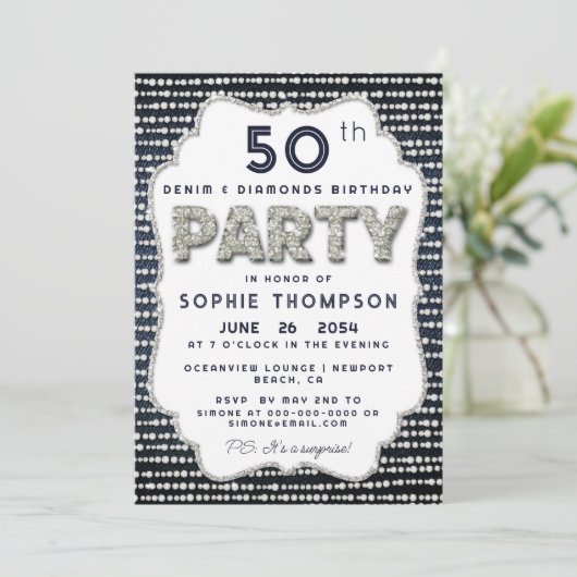 Denim Diamonds Bling Glitter Lijst Birthday Party Kaart (Staand voorkant)